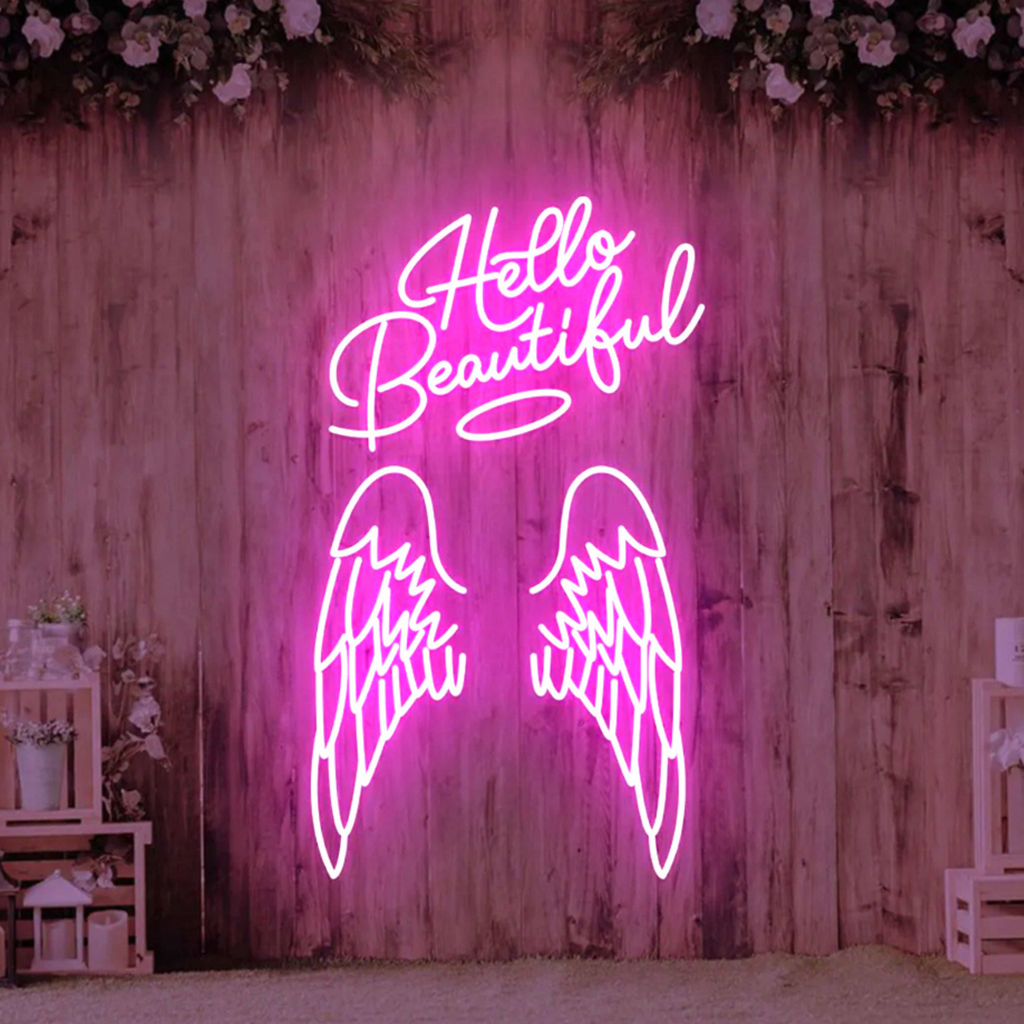 Neon Angel Wings with Hello Beautiful